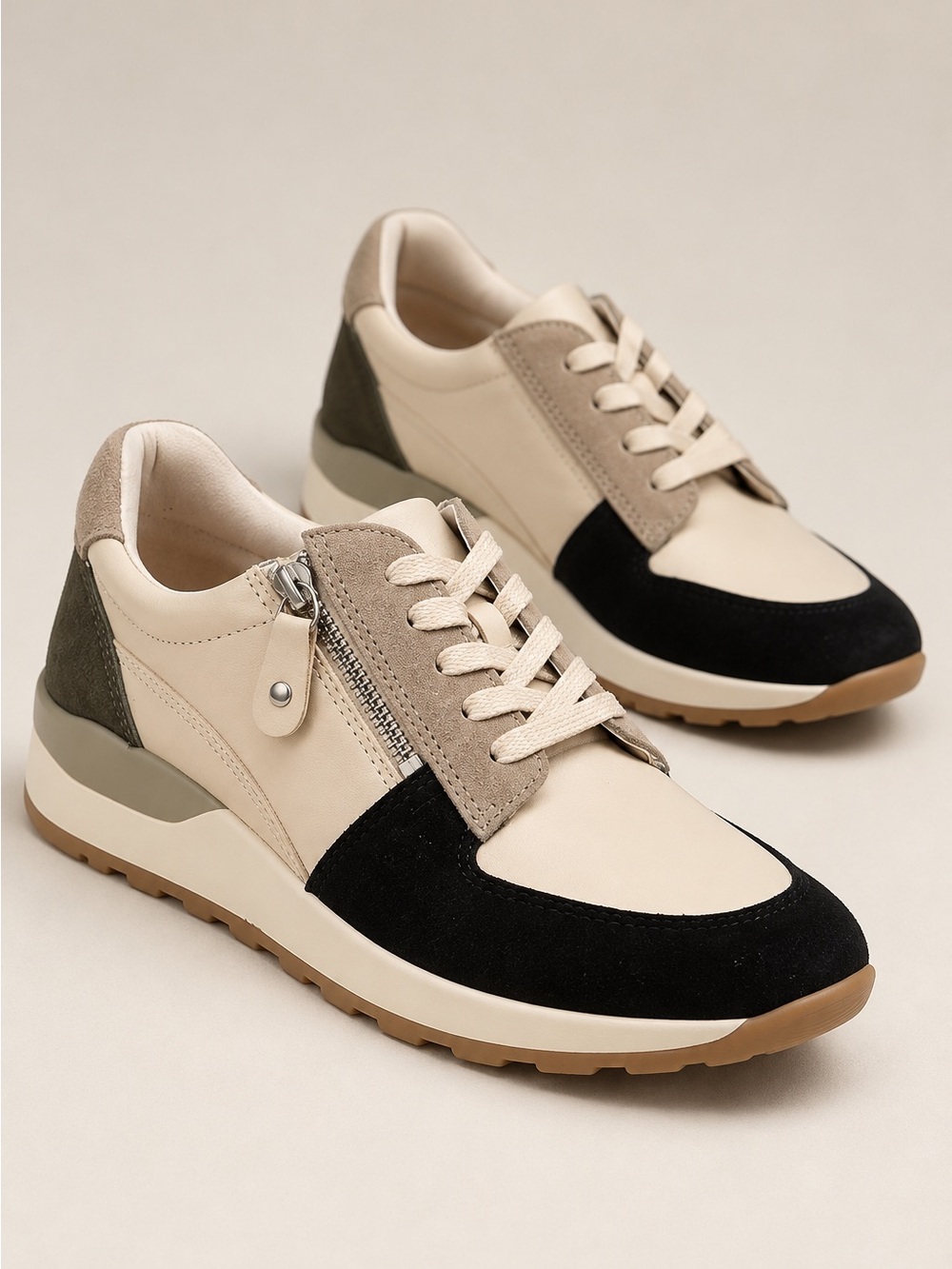NWT Brioso Mimi Leather Zip Sneakers Rice Black Olive Colorblock Sz 8